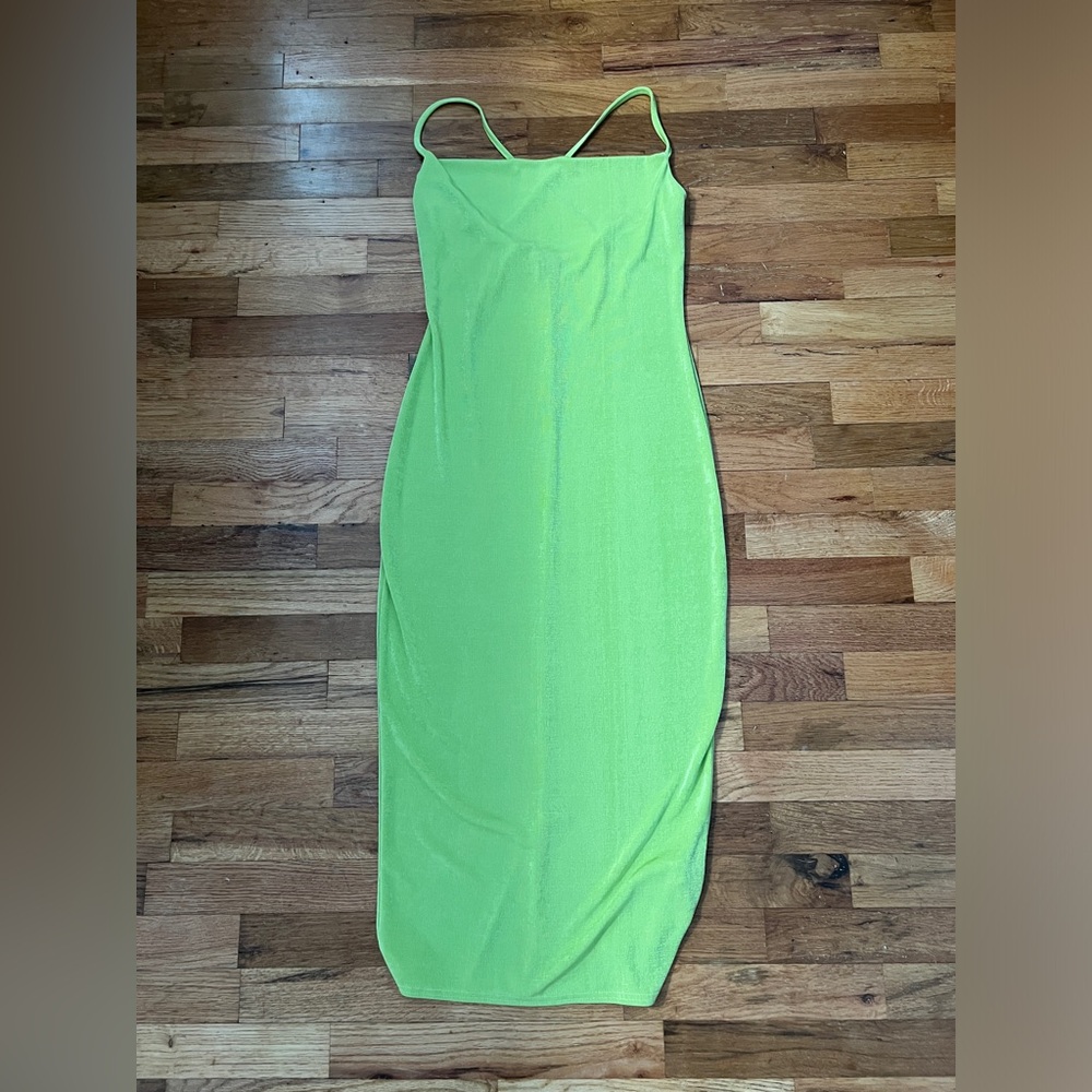 NWT Boohoo Cowl Neck Lime Green Midi Dress, Stretchy, US 10